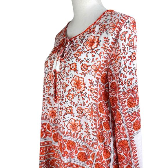 Calypso St. Barth Orange Floral Print Sheer Long Sleeve Tassel Tie Up Top - Picture 5 of 12